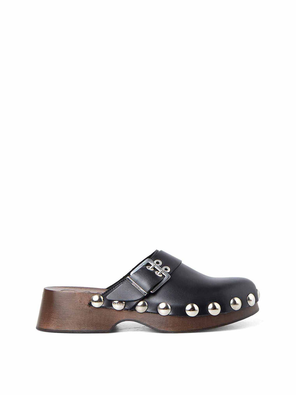 Studded Black Leather Clogs