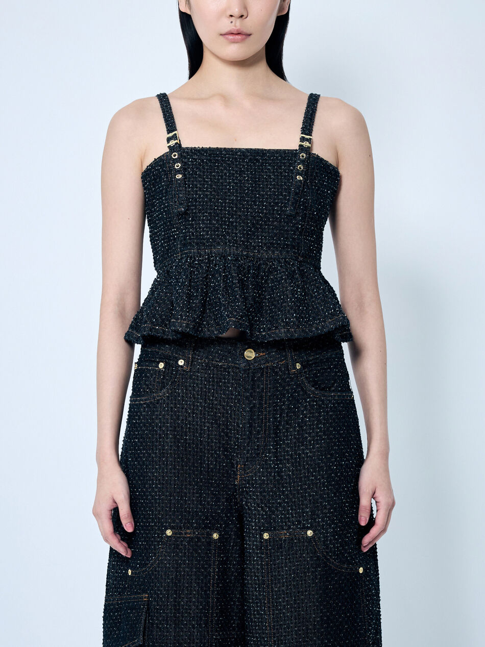 Fluffy Denim Strap Top