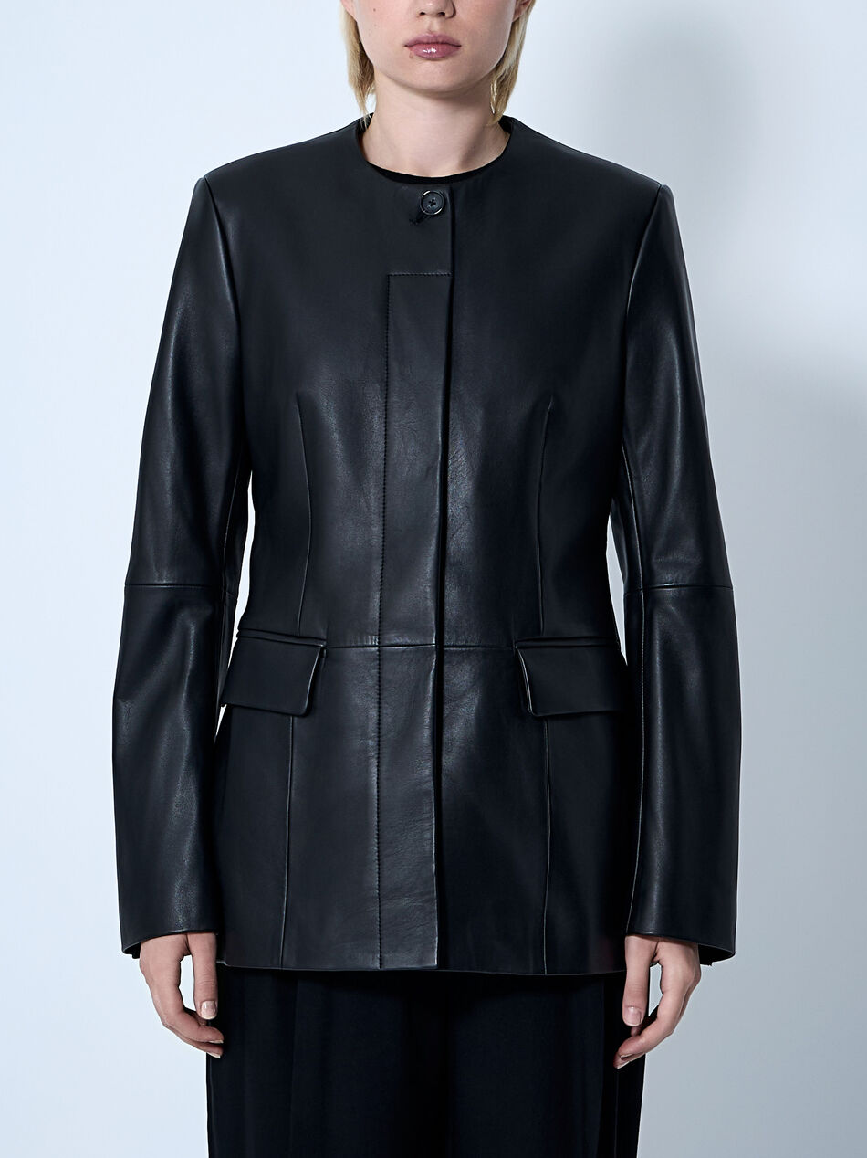 Collarless Leather Jacket
