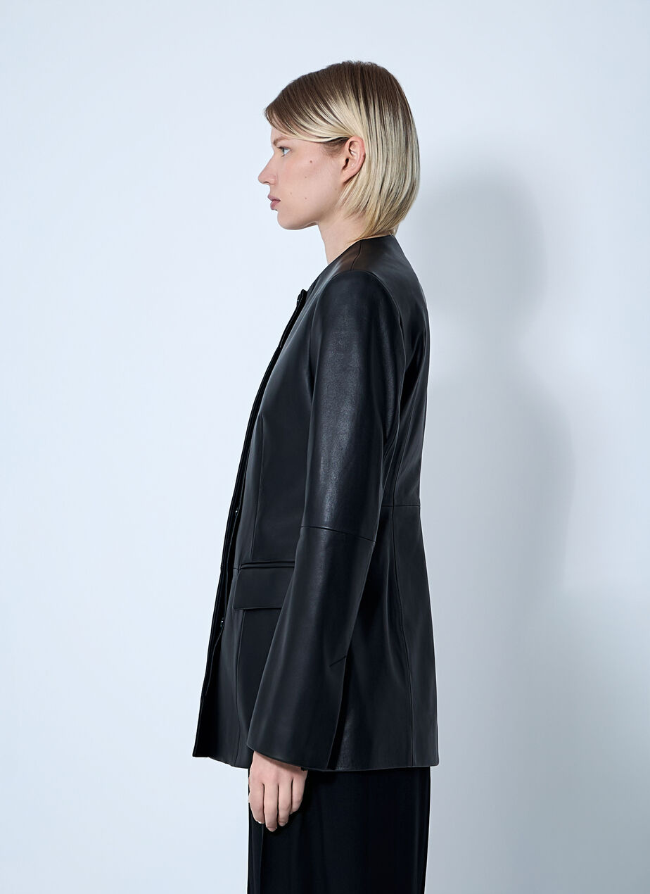 Collarless Leather Jacket