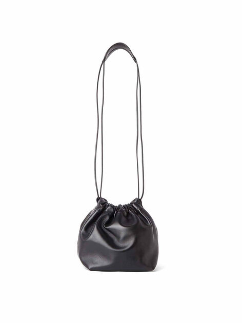 Drawstring Shoulder Bag in Black Leather