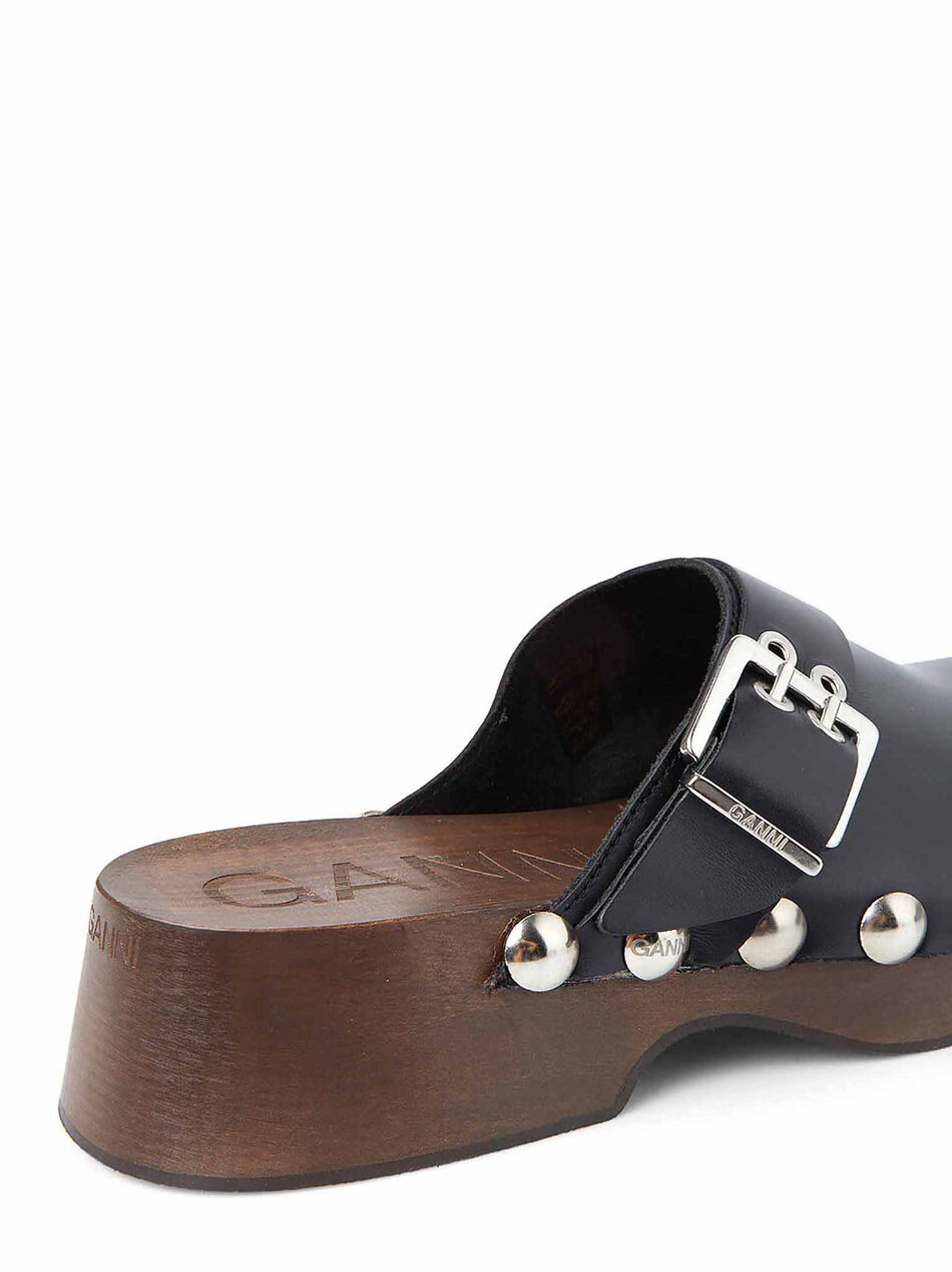 Studded Black Leather Clogs