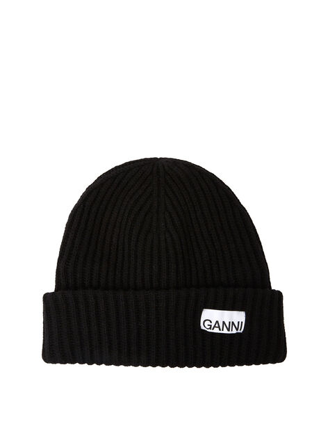Logo Patch Ribbed Beanie Hat in Black
