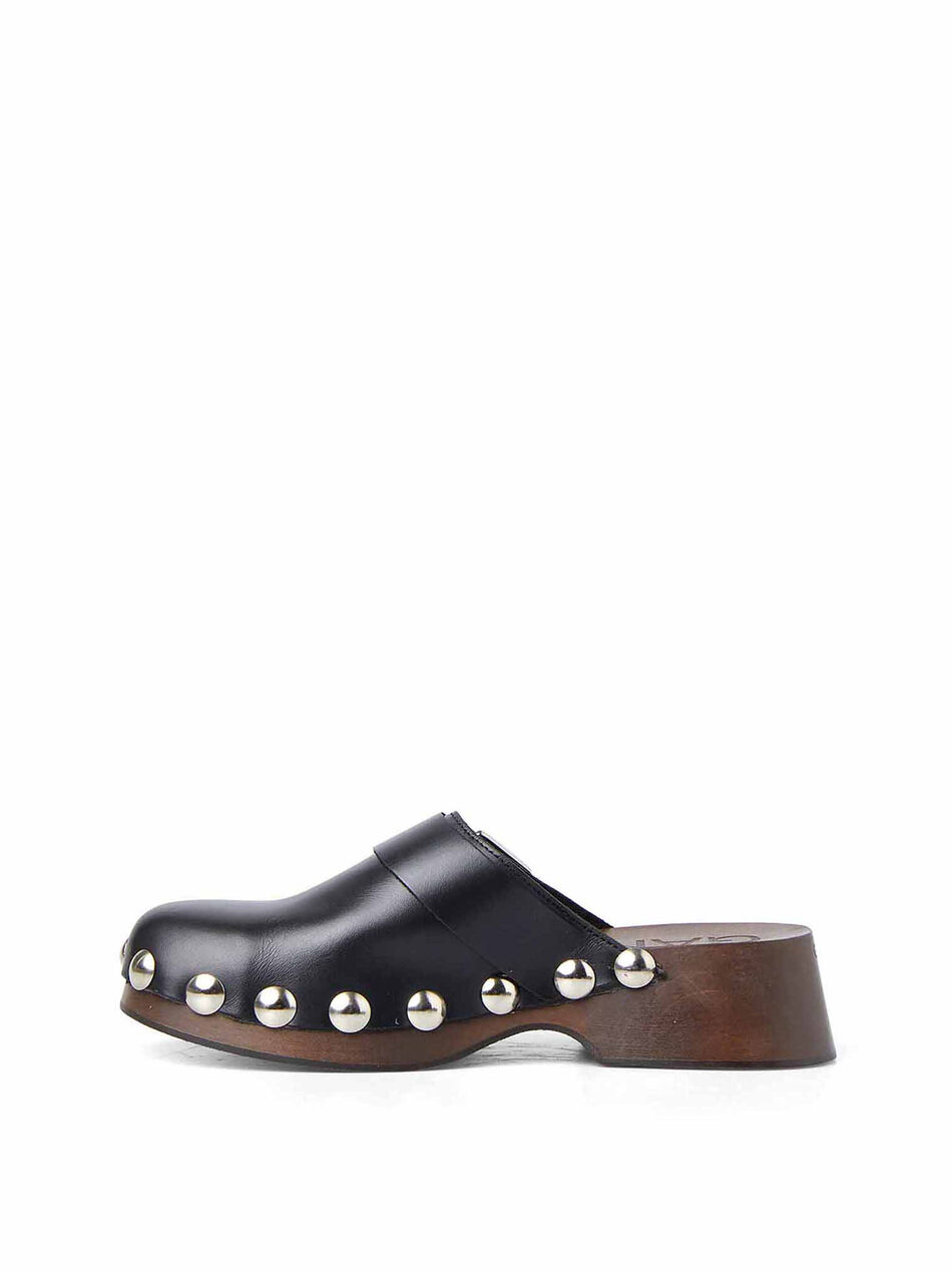 Studded Black Leather Clogs
