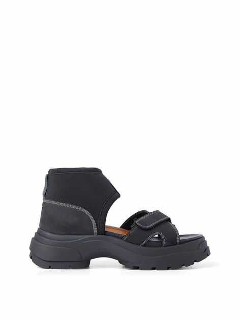 Black Platform Sandals with Logo Patch