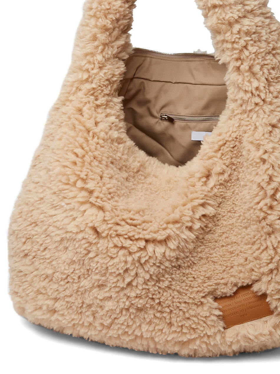 Cross Faux Fur Shoulder Bag in Beige