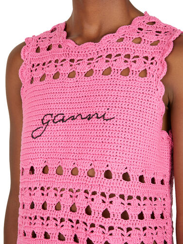 ganni pink crochet dress Ganni Crochet Cover Up Tunic in Shocking Pink