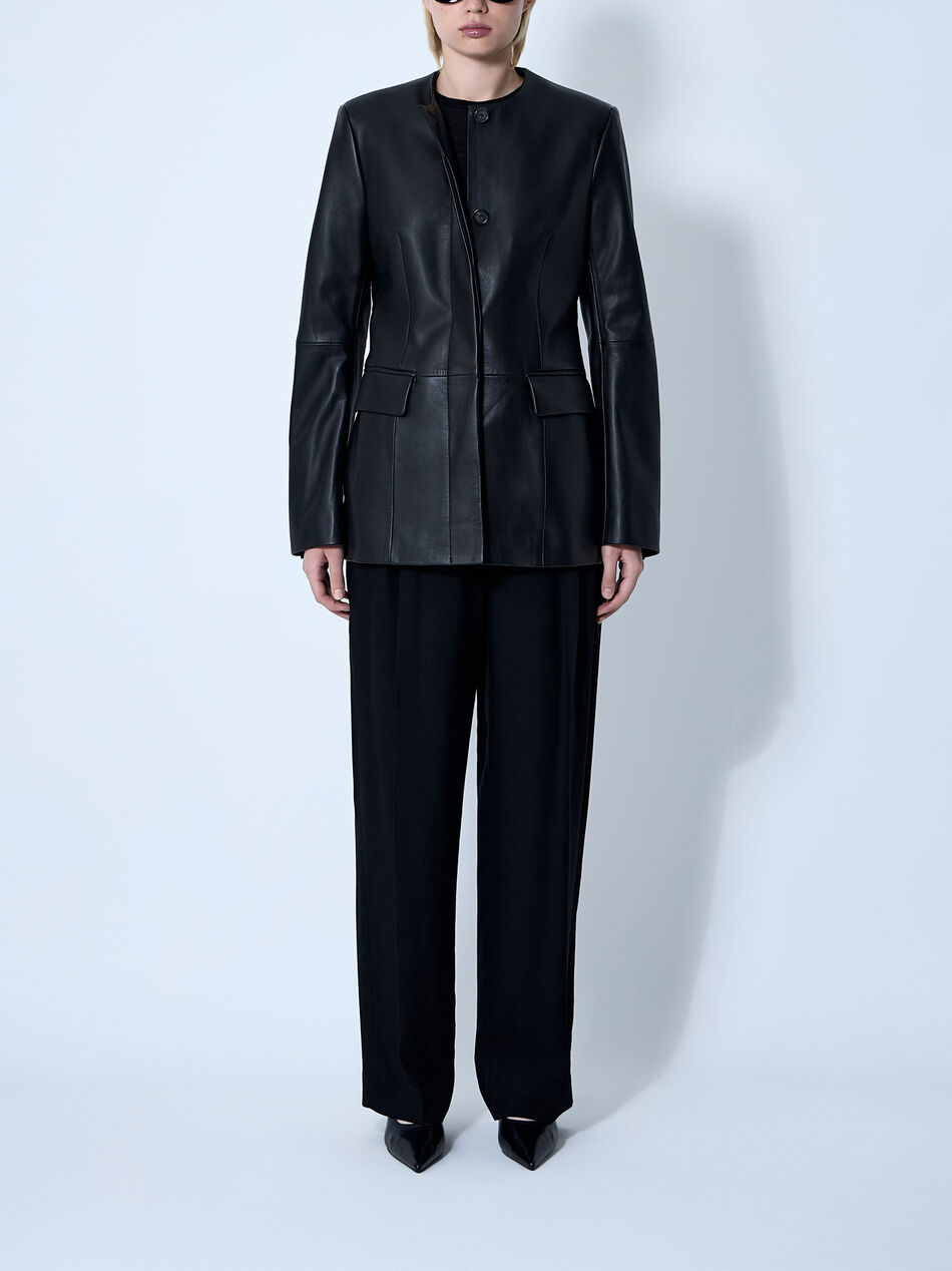 Collarless Leather Jacket