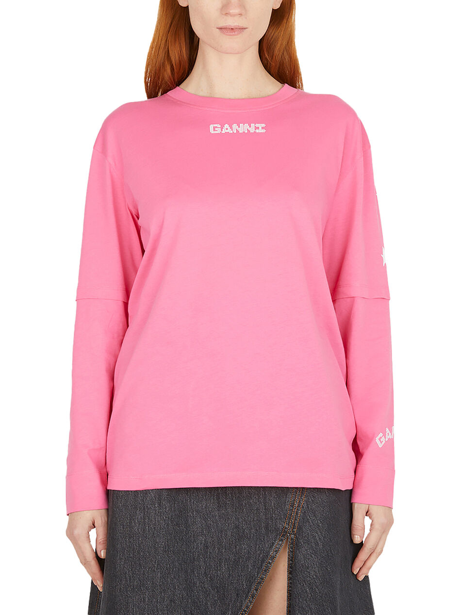 Light Jersey Layered Long Sleeve T-shirt Shocking Pink