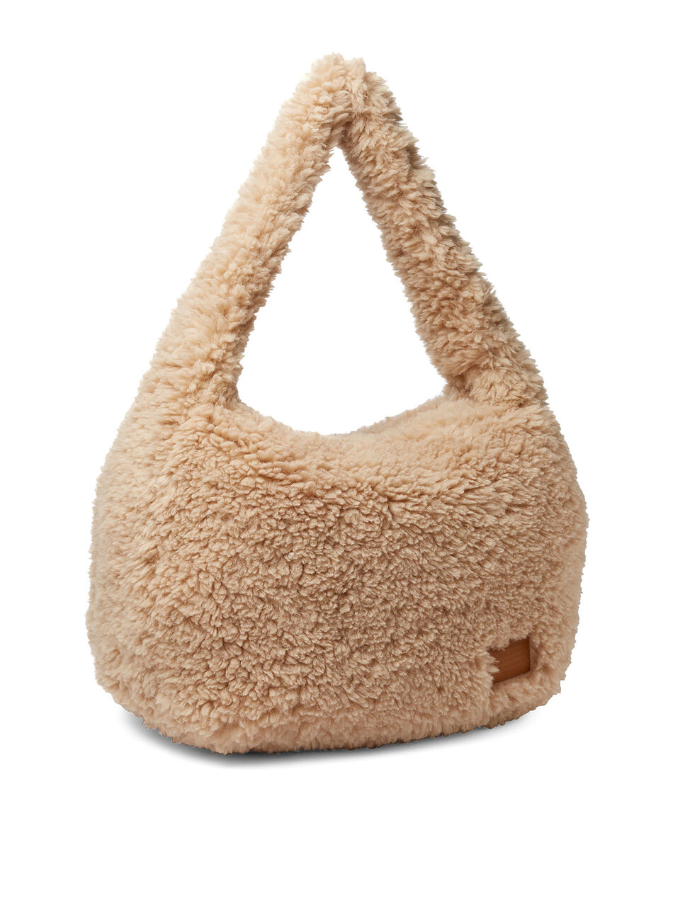 Cross Faux Fur Shoulder Bag in Beige