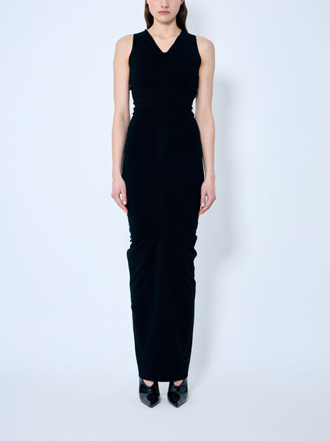 Ruched Wide V Neck Maxi Dress