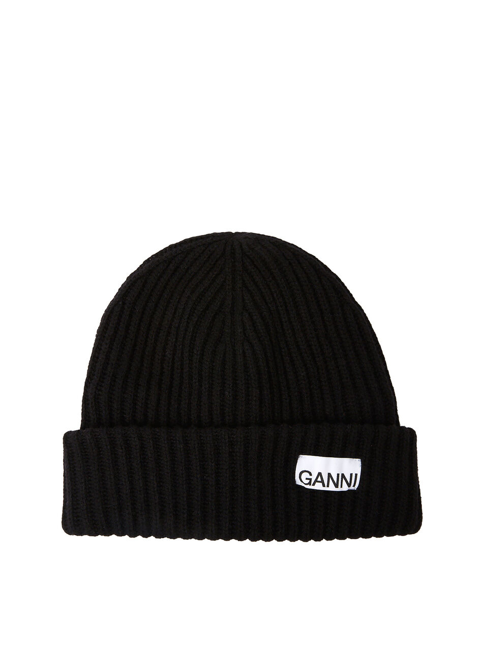 Logo Patch Ribbed Beanie Hat in Black