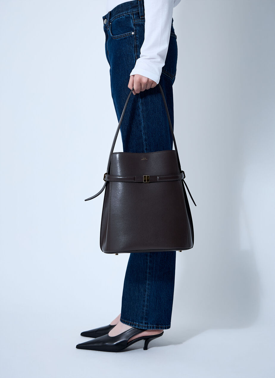 Belted Leather Bucket Bag