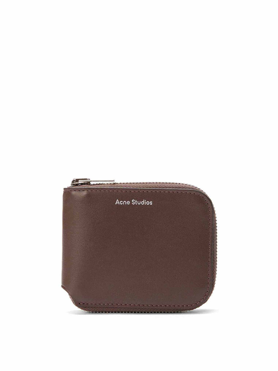Leather Compact Zip Wallet in Brown