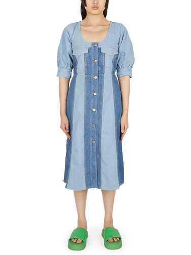 white christmas dresses Patchwork Boho Denim Midi Dress with Ruffle Hem Latte / Medium