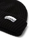 GANNI Logo Patch Ribbed Beanie Hat in Black Black flgan0250048blk