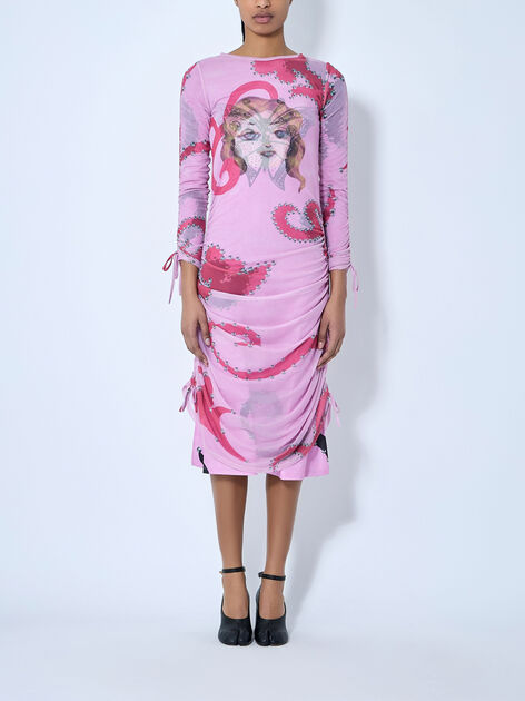 Ruched Printed Mesh Dress