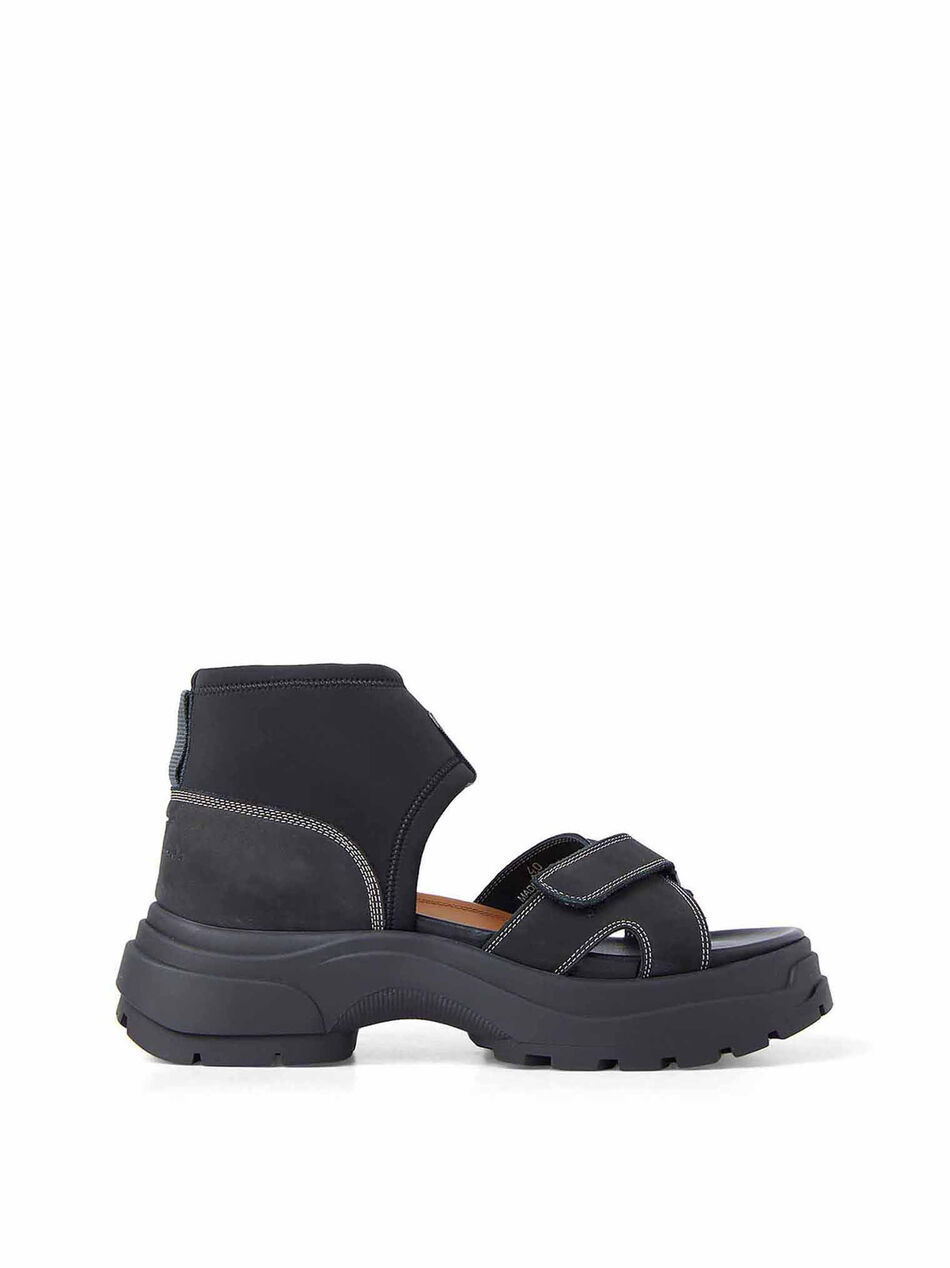 Black Platform Sandals with Logo Patch
