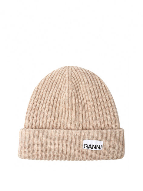 Logo Patch Ribbed Beanie Hat in Beige