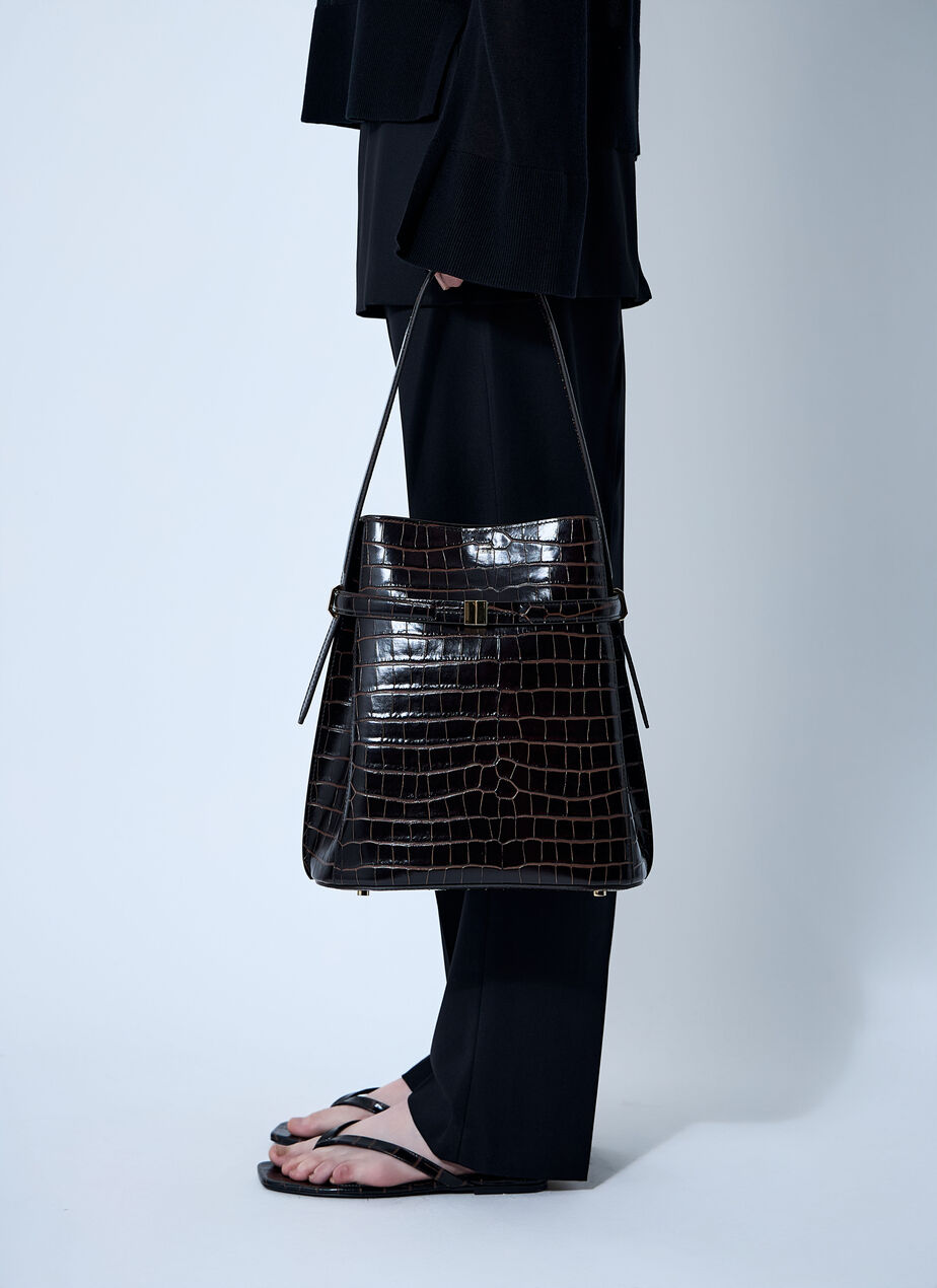 Croc-Embossed Leather Bucket Bag